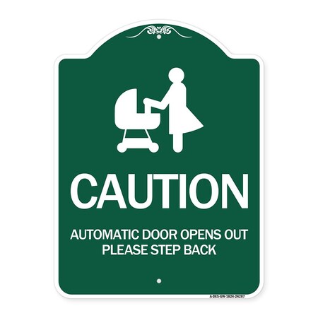Signmission Caution Automatic Door Opens Out Please Step Back W/ Graphic Alum Sign, 18" x 24", GW-1824-24287 A-DES-GW-1824-24287
